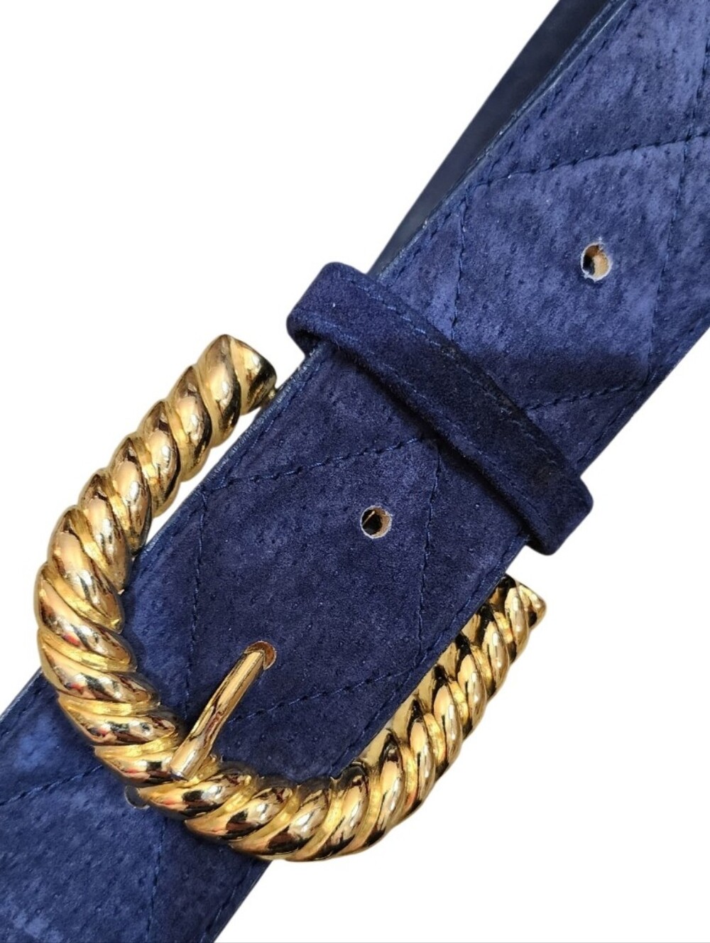 VINTAGE SOSTANZA Navy Quilted Pig Suede Belt Gold Rope Buckle L 80s /90s